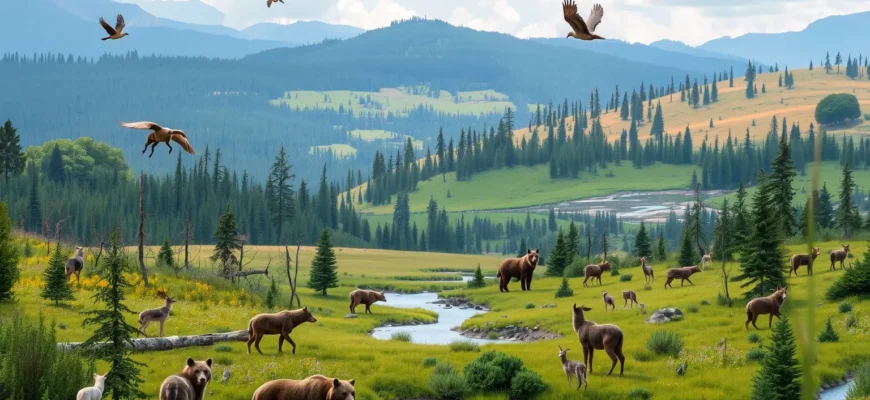 A vibrant and lush landscape showcasing the process of rewilding, with diverse flora and fauna thriving in a restored ecosystem. The scene should include various animals such as wolves, bears, and birds, interacting naturally in their habitat. The background should feature a mix of forests, meadows, and wetlands, highlighting the biodiversity and the beauty of a rewilded environment.