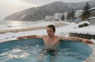A person standing in a cold plunge pool outdoors, surrounded by various weather conditions such as snow, rain, and sunshine. The scene should depict different local conditions like a beach, a mountain, and an urban setting. The person should appear relaxed and focused on recovery.
