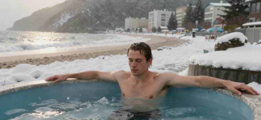 A person standing in a cold plunge pool outdoors, surrounded by various weather conditions such as snow, rain, and sunshine. The scene should depict different local conditions like a beach, a mountain, and an urban setting. The person should appear relaxed and focused on recovery.