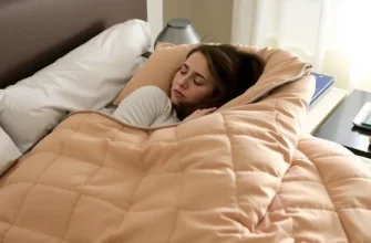 A person comfortably sleeping under a 15-pound weighted blanket in a dimly lit bedroom. The blanket should appear soft and cozy. Focus on the feeling of relaxation and comfort.