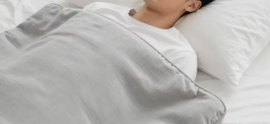 A child (around 5 years old) comfortably sleeping with a weighted blanket on a bed in a brightly lit bedroom. The child appears peaceful and relaxed. Focus on the child's face and the blanket's texture.