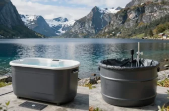 A side-by-side comparison of a premium cold plunge tub and a DIY/budget cold plunge setup in a serene fjord landscape. The premium setup should feature a high-quality, sleek tub with advanced temperature control and luxurious materials. The DIY setup should include a simple barrel or large container with basic insulation and heating elements. Both setups should be placed near the edge of the fjord, with the majestic mountains and clear blue water in the background.