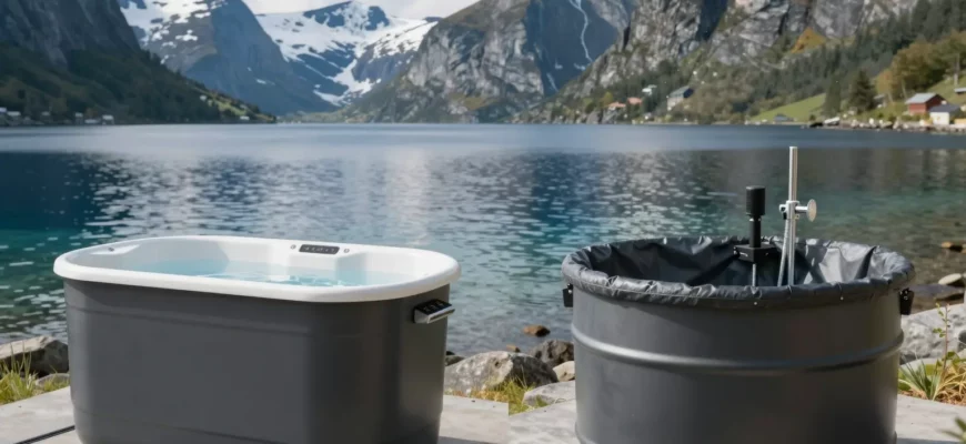 A side-by-side comparison of a premium cold plunge tub and a DIY/budget cold plunge setup in a serene fjord landscape. The premium setup should feature a high-quality, sleek tub with advanced temperature control and luxurious materials. The DIY setup should include a simple barrel or large container with basic insulation and heating elements. Both setups should be placed near the edge of the fjord, with the majestic mountains and clear blue water in the background.