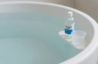 A serene indoor cold plunge tub filled with crystal-clear water, a bottle of hydrogen peroxide and a measuring cup placed on the side, a subtle ripple indicating the water is being prepared, soft lighting highlighting the calm atmosphere, no visible text or branding
