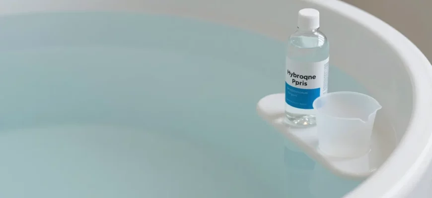 A serene indoor cold plunge tub filled with crystal-clear water, a bottle of hydrogen peroxide and a measuring cup placed on the side, a subtle ripple indicating the water is being prepared, soft lighting highlighting the calm atmosphere, no visible text or branding