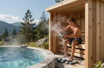 A serene outdoor sauna scene featuring a person in a wooden sauna tent, pouring water onto hot stones to create steam, with a cold plunge pool nearby filled with clear water, surrounded by pine trees and mountains under a clear blue sky, emphasizing wellness and relaxation