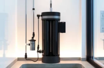 A modern vertical cold plunge system with a sleek, minimalist design. The system should feature multiple stages of filtration, with visible components such as filters, pumps, and pipes. The setting should be a contemporary spa or wellness center, with clean lines and a calming atmosphere. The water in the plunge should be clear and inviting, with subtle lighting to enhance the ambiance.