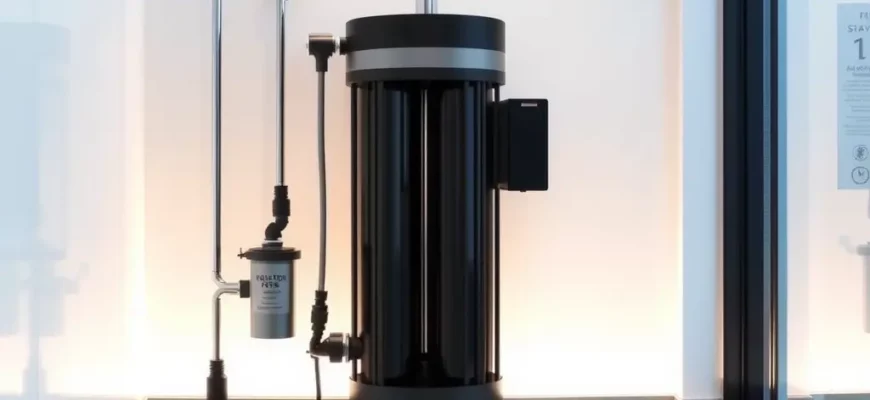 A modern vertical cold plunge system with a sleek, minimalist design. The system should feature multiple stages of filtration, with visible components such as filters, pumps, and pipes. The setting should be a contemporary spa or wellness center, with clean lines and a calming atmosphere. The water in the plunge should be clear and inviting, with subtle lighting to enhance the ambiance.
