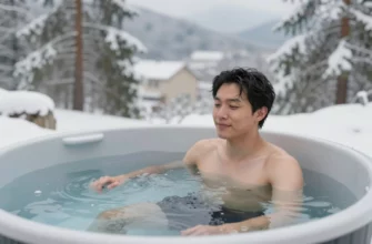 A person standing in a cold plunge tub filled with icy water, surrounded by a serene outdoor setting with snow-covered trees and mountains in the background. The person appears relaxed and content, emphasizing the health benefits of cold plunges. The scene should convey a sense of tranquility and well-being.