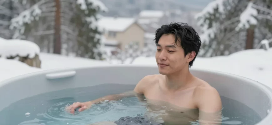 A person standing in a cold plunge tub filled with icy water, surrounded by a serene outdoor setting with snow-covered trees and mountains in the background. The person appears relaxed and content, emphasizing the health benefits of cold plunges. The scene should convey a sense of tranquility and well-being.