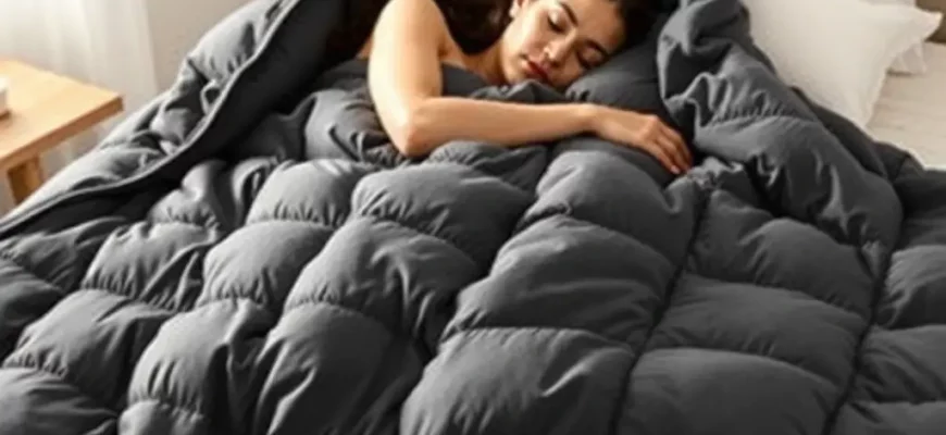 A person comfortably sleeping under a high-quality weighted blanket on a cozy bed in a bedroom. Soft lighting, focus on the blanket's texture and the person's relaxed posture.