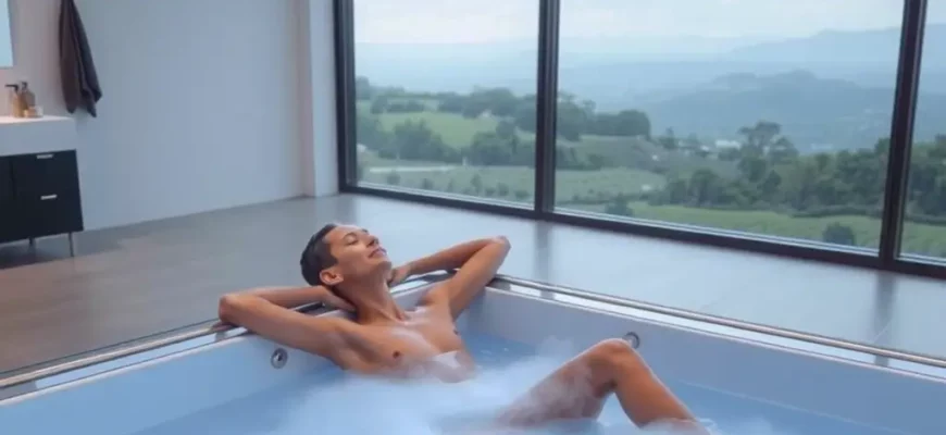 A person relaxing in a modern cold plunge tub, surrounded by minimalist decor. The tub is made of sleek, dark material with LED lighting. Steam is gently rising from the water. The background shows a clean, uncluttered bathroom with large windows offering a view of a serene landscape.