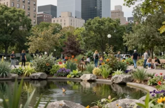 A vibrant urban scene showcasing the concept of urban rewilding. The image should depict a city park with native plants and trees thriving among the concrete structures. Include elements like a small pond with local wildlife, such as birds and insects, and people engaging in activities like gardening or simply enjoying the natural environment. The scene should convey a sense of harmony between urban life and nature.