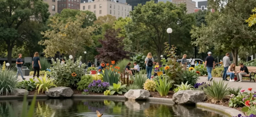 A vibrant urban scene showcasing the concept of urban rewilding. The image should depict a city park with native plants and trees thriving among the concrete structures. Include elements like a small pond with local wildlife, such as birds and insects, and people engaging in activities like gardening or simply enjoying the natural environment. The scene should convey a sense of harmony between urban life and nature.