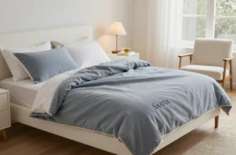 A cozy bedroom scene featuring a neatly made bed with a Saatva weighted blanket in a calming color, such as blue or gray, draped over it. The room should have soft lighting, perhaps from a bedside lamp, and include elements like a nightstand with a book and a cup of tea, a comfortable chair, and a window with sheer curtains. The overall atmosphere should be serene and inviting, emphasizing relaxation and comfort.