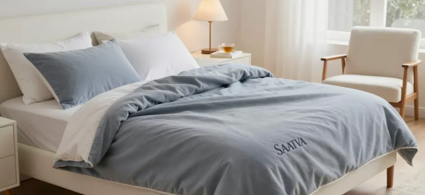 A cozy bedroom scene featuring a neatly made bed with a Saatva weighted blanket in a calming color, such as blue or gray, draped over it. The room should have soft lighting, perhaps from a bedside lamp, and include elements like a nightstand with a book and a cup of tea, a comfortable chair, and a window with sheer curtains. The overall atmosphere should be serene and inviting, emphasizing relaxation and comfort.