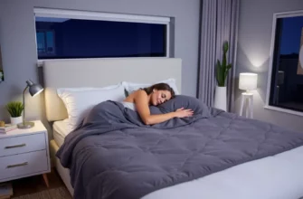 A serene, modern bedroom at night with soft ambient lighting, featuring a neatly made bed with a plush, modern weighted blanket draped over it. A person is peacefully asleep, their body gently relaxed under the blanket, showing the calming effect of the weighted blanket. The room includes contemporary decor, a nightstand with a small lamp, and a window showing a calm night sky, emphasizing a restful sleep environment.