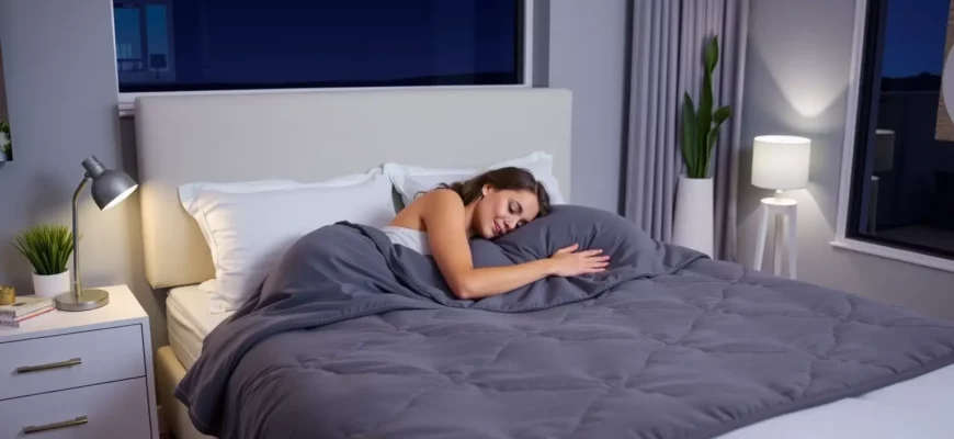 A serene, modern bedroom at night with soft ambient lighting, featuring a neatly made bed with a plush, modern weighted blanket draped over it. A person is peacefully asleep, their body gently relaxed under the blanket, showing the calming effect of the weighted blanket. The room includes contemporary decor, a nightstand with a small lamp, and a window showing a calm night sky, emphasizing a restful sleep environment.