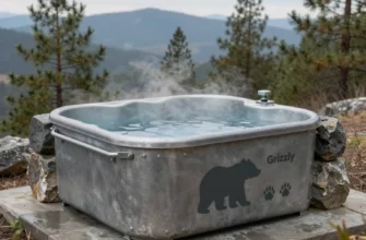 A rugged, industrial-style cold plunge tub placed outdoors in a natural setting, featuring a sturdy metal and stone frame, icy water surface with subtle steam, surrounded by pine trees and a distant mountain backdrop. Include a subtle grizzly bear silhouette or paw prints near the tub to convey the 'Grizzly' branding, without any text or logos.