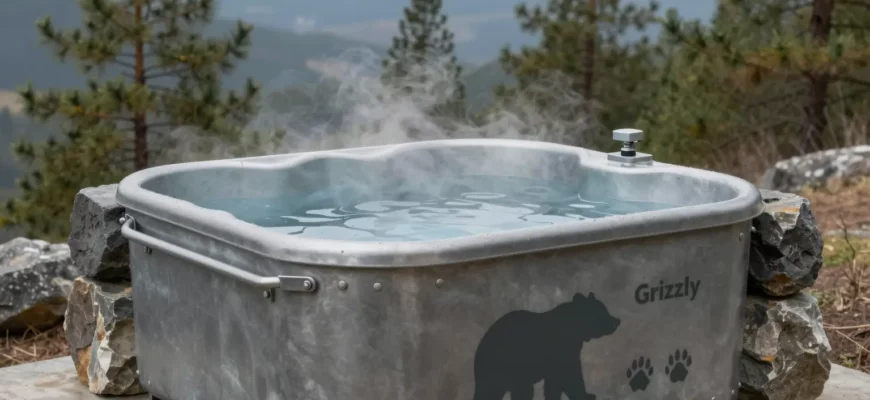 A rugged, industrial-style cold plunge tub placed outdoors in a natural setting, featuring a sturdy metal and stone frame, icy water surface with subtle steam, surrounded by pine trees and a distant mountain backdrop. Include a subtle grizzly bear silhouette or paw prints near the tub to convey the 'Grizzly' branding, without any text or logos.