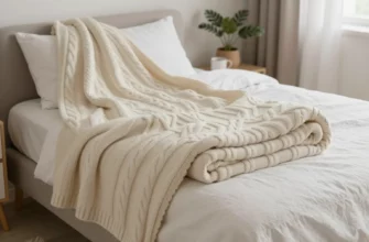 A cozy, well-lit bedroom scene featuring a soft, cable knit weighted blanket draped over a plush armchair or neatly folded on a neatly made bed, showcasing the thick, textured yarn and subtle weight, with warm ambient lighting and subtle background elements like a small plant or a coffee mug to convey comfort and relaxation