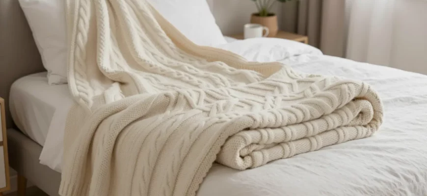 A cozy, well-lit bedroom scene featuring a soft, cable knit weighted blanket draped over a plush armchair or neatly folded on a neatly made bed, showcasing the thick, textured yarn and subtle weight, with warm ambient lighting and subtle background elements like a small plant or a coffee mug to convey comfort and relaxation