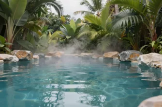 A serene, crystal-clear cold plunge pool nestled in a lush, tropical setting with natural stone walls and soft mist rising from the water, surrounded by vibrant greenery and subtle reflections of sky, evoking a sense of global wellness and tranquility