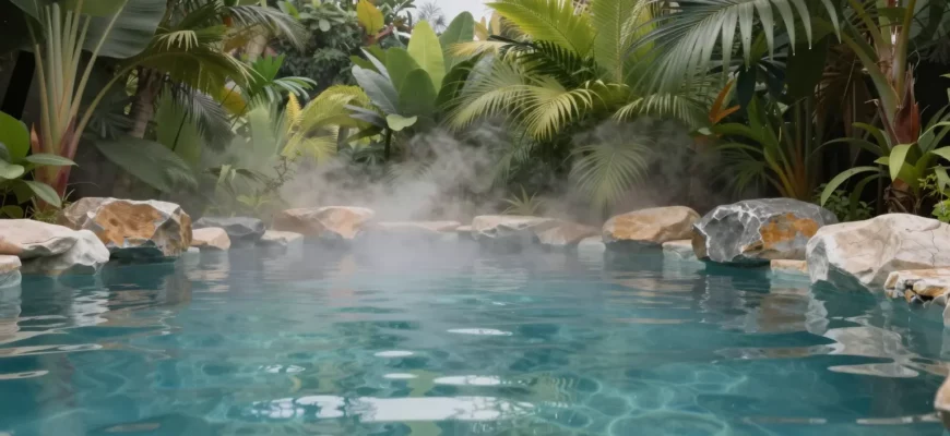 A serene, crystal-clear cold plunge pool nestled in a lush, tropical setting with natural stone walls and soft mist rising from the water, surrounded by vibrant greenery and subtle reflections of sky, evoking a sense of global wellness and tranquility