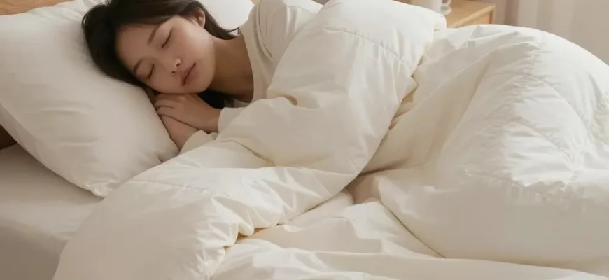 A cozy and inviting bedroom scene with a person peacefully sleeping under a weighted blanket. The room is softly lit, with warm colors and comfortable furniture. Focus on the texture of the blanket and the feeling of relaxation.