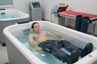 A person fully submerged in a cold plunge tank, surrounded by a modern, high-performance recovery facility. The tank is filled with clear, icy water, and the person appears relaxed and focused. The facility is equipped with advanced recovery equipment, such as compression boots and red light therapy devices, in the background. The overall atmosphere is serene and professional, emphasizing the benefits of cold plunge therapy for high-performance recovery.