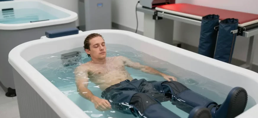 A person fully submerged in a cold plunge tank, surrounded by a modern, high-performance recovery facility. The tank is filled with clear, icy water, and the person appears relaxed and focused. The facility is equipped with advanced recovery equipment, such as compression boots and red light therapy devices, in the background. The overall atmosphere is serene and professional, emphasizing the benefits of cold plunge therapy for high-performance recovery.