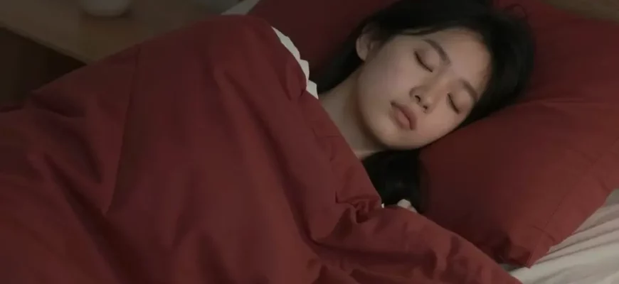 A person sleeping peacefully under a weighted blanket in a dimly lit bedroom. The blanket is a deep red color, and the room has soft, calming colors. Focus on the comfort and tranquility of the scene.