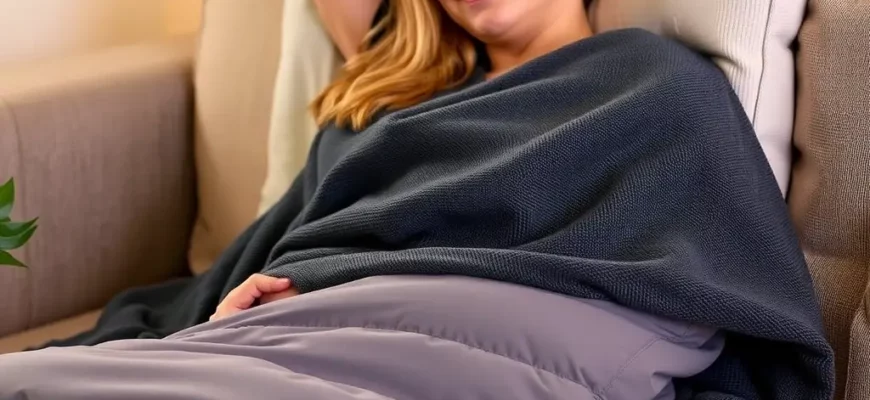 A person comfortably using a 48x72 weighted blanket while relaxing on a couch. The blanket should be neatly folded and draped over the person's lap. Soft, warm lighting in the room.