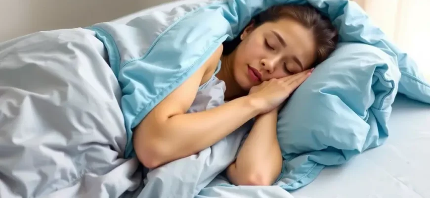 A person sleeping peacefully under a cooling weighted blanket on a bed with light blue sheets. The room is softly lit with natural light coming through a window. Focus on the comfort and relaxation of the scene.