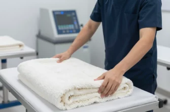 A professional dry cleaning service with a weighted blanket being carefully handled by an employee in a clean, well-lit dry cleaning facility. The blanket should be neatly folded and placed on a clean surface. The employee should be wearing professional attire and handling the blanket with care. The background should include other dry cleaning equipment and supplies, indicating a professional setting.
