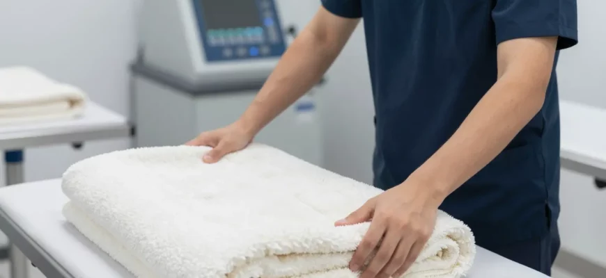 A professional dry cleaning service with a weighted blanket being carefully handled by an employee in a clean, well-lit dry cleaning facility. The blanket should be neatly folded and placed on a clean surface. The employee should be wearing professional attire and handling the blanket with care. The background should include other dry cleaning equipment and supplies, indicating a professional setting.