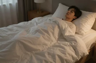 A person lying comfortably in bed covered with a weighted blanket, looking relaxed and peaceful. The room is dimly lit with soft, warm lighting, creating a cozy and calming atmosphere. The blanket is evenly spread over the person, demonstrating proper usage.