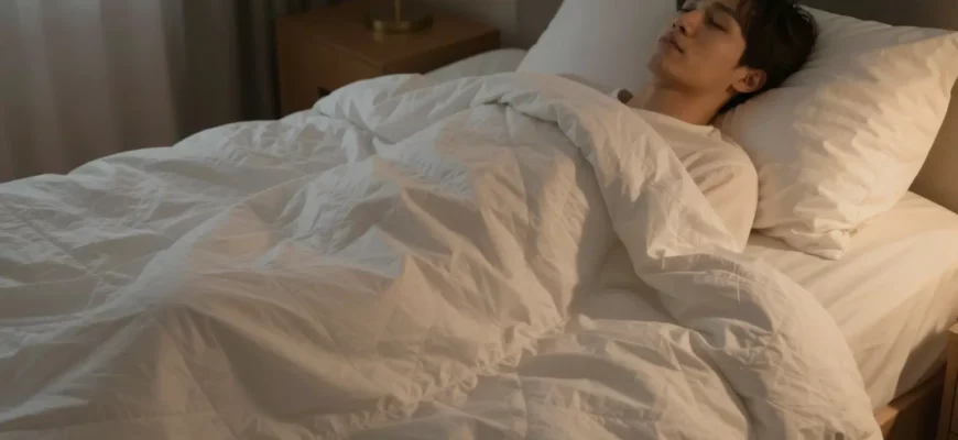 A person lying comfortably in bed covered with a weighted blanket, looking relaxed and peaceful. The room is dimly lit with soft, warm lighting, creating a cozy and calming atmosphere. The blanket is evenly spread over the person, demonstrating proper usage.