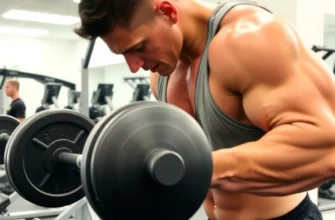 A person working out with weights in a gym, focusing on the muscles being worked. The person should be mid-workout, demonstrating exertion. The gym environment should be clean and well-lit, with other workout equipment visible in the background.