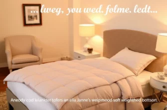 A cozy bedroom scene with a neatly made bed featuring an Ella Jayne weighted blanket in a soft, calming color. The blanket should be partially folded back to show the texture and weight. The room should have warm lighting, a comfortable chair, and a small side table with a cup of tea or coffee. The overall atmosphere should be inviting and relaxing, emphasizing the comfort and benefits of using a weighted blanket.