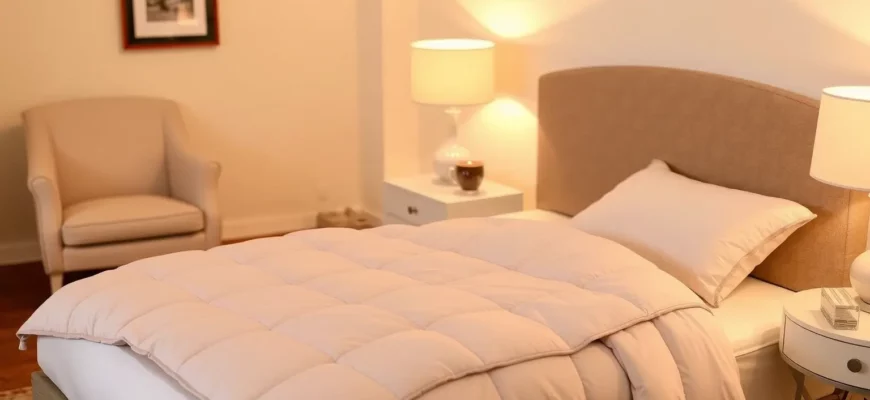 A cozy bedroom scene with a neatly made bed featuring an Ella Jayne weighted blanket in a soft, calming color. The blanket should be partially folded back to show the texture and weight. The room should have warm lighting, a comfortable chair, and a small side table with a cup of tea or coffee. The overall atmosphere should be inviting and relaxing, emphasizing the comfort and benefits of using a weighted blanket.