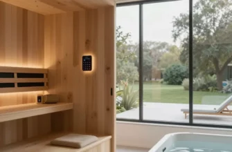 A modern, minimalist infrared sauna and cold plunge studio with large windows showcasing a serene outdoor environment. Include comfortable seating and sleek design elements. Focus on the feeling of relaxation and wellness.