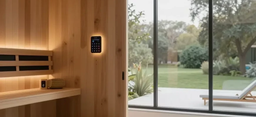A modern, minimalist infrared sauna and cold plunge studio with large windows showcasing a serene outdoor environment. Include comfortable seating and sleek design elements. Focus on the feeling of relaxation and wellness.