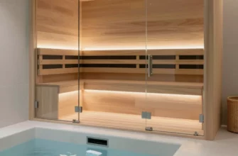 A modern, well-lit bathroom featuring a cold plunge pool and an infrared sauna. The sauna is sleek and minimalist in design, with glass doors. The cold plunge pool is a rectangular basin with clear water. The bathroom has clean lines, neutral colors, and natural light. Focus on the equipment and the overall spa-like atmosphere.