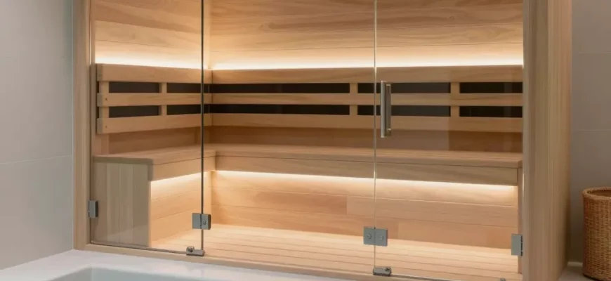 A modern, well-lit bathroom featuring a cold plunge pool and an infrared sauna. The sauna is sleek and minimalist in design, with glass doors. The cold plunge pool is a rectangular basin with clear water. The bathroom has clean lines, neutral colors, and natural light. Focus on the equipment and the overall spa-like atmosphere.