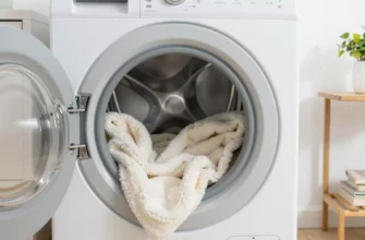 A clean, modern washing machine with a soft, plush weighted blanket inside, gentle water droplets, and a fresh, airy laundry room background