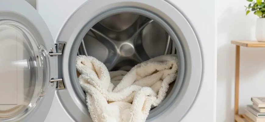 A clean, modern washing machine with a soft, plush weighted blanket inside, gentle water droplets, and a fresh, airy laundry room background