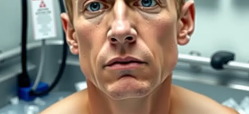 A person standing in a cold plunge tub, surrounded by ice, with a concerned expression on their face. The background should include a medical professional monitoring the person's vitals with a heart rate monitor and other medical equipment. The scene should convey a sense of caution and safety.