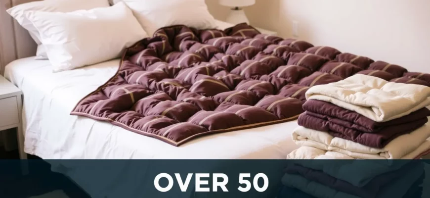 A cozy bedroom scene featuring a premium YNM weighted blanket draped over a neatly made bed, with several other generic weighted blankets stacked or folded nearby to suggest a comparison of over 50 options. Soft natural lighting, warm tones, and a subtle sense of comfort and quality. No text, logos, or people in the frame.