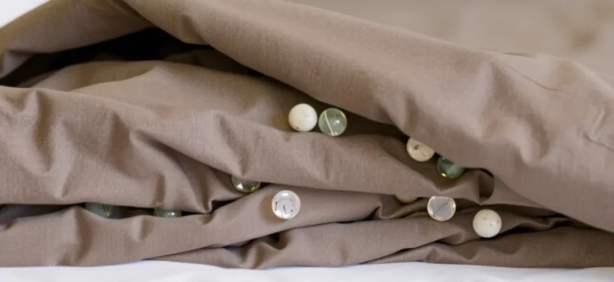 A close-up, photorealistic image of a weighted blanket with glass beads, showing the beads' texture and the blanket's fabric. The blanket is neatly folded and resting on a clean, white surface. Focus on the details of the beads and the fabric weave.